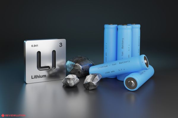 lithium sign element next to a lithium filled battery and lithium containing mineral